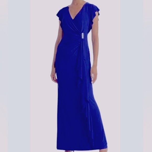 Ralph Lauren Parisian Ruched Floor Length Gown Size 8 Wrap Style Rhinestone Blue - Picture 1 of 12